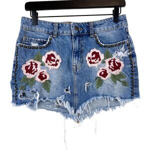Free People (26) Embroidered Mini Frayed Hem Denim Skirt Cotton